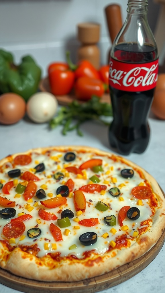Homemade Pizza with Coca-Cola Pairing Homemade pizza with assorted toppings and a glass of Coca-Cola on a wooden board.
